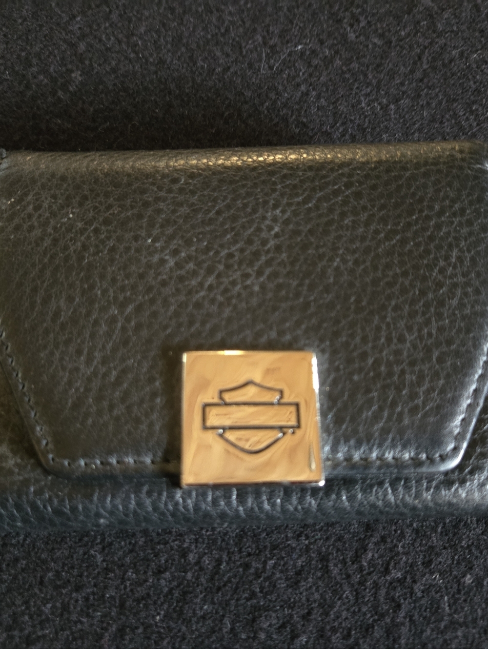 Womans Harley-Davidson Black Leather Tri-Fold Wallet with Branded ID Window